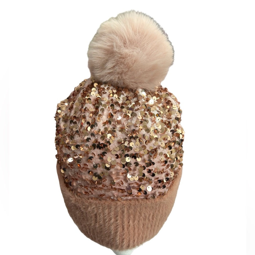115. Pink Sequin Pom Pom Beanie